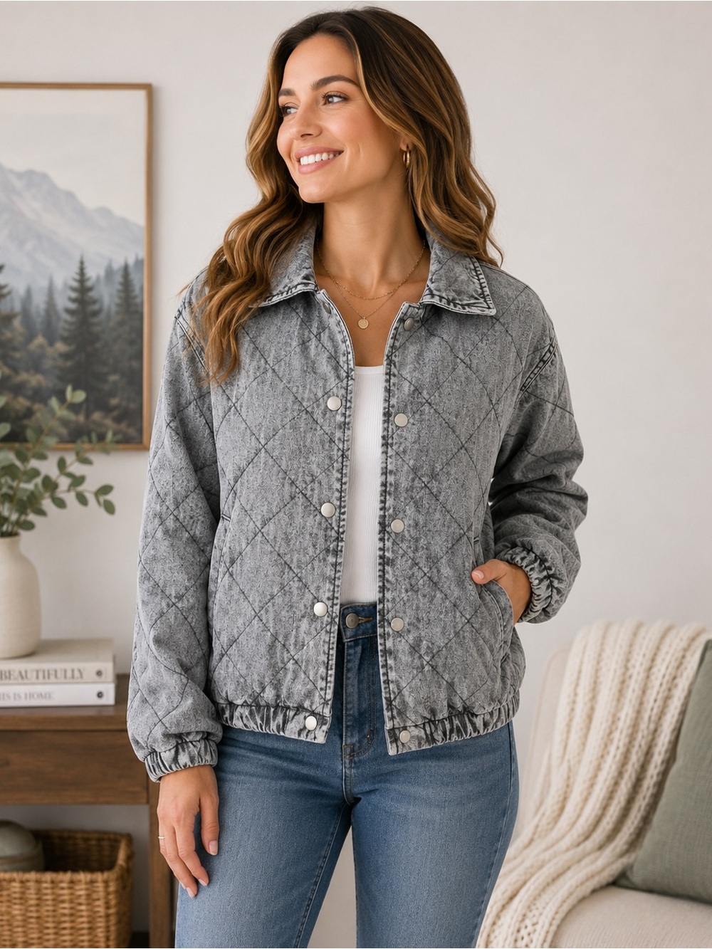 NWT Vigoss Women’s Gray Quilted Snap Front Jacket XL Acid Wash Cotton Shacket